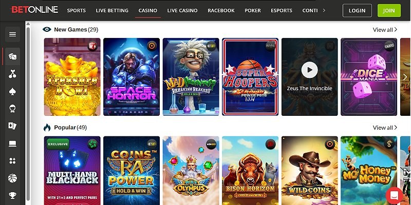 Screenshot of the BetOnline online casino site