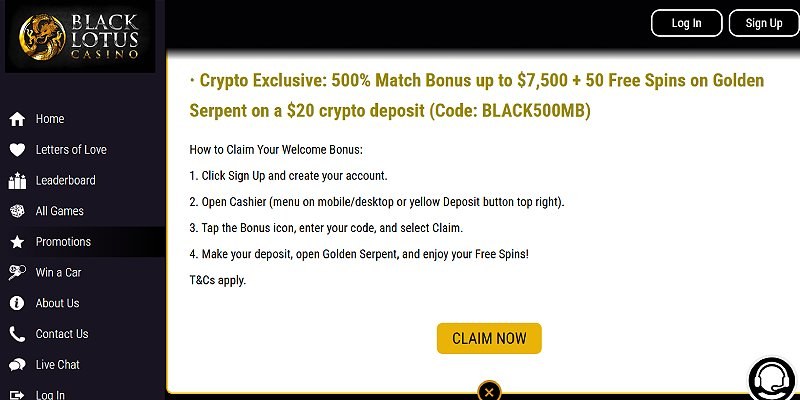 Screenshot of the Black Lotus online casino site