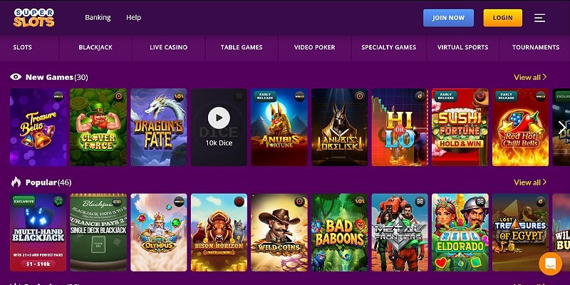 Screenshot of the Super Slots online casino site