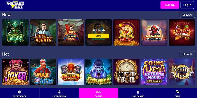 Screenshot of the VoltageBet online casino site